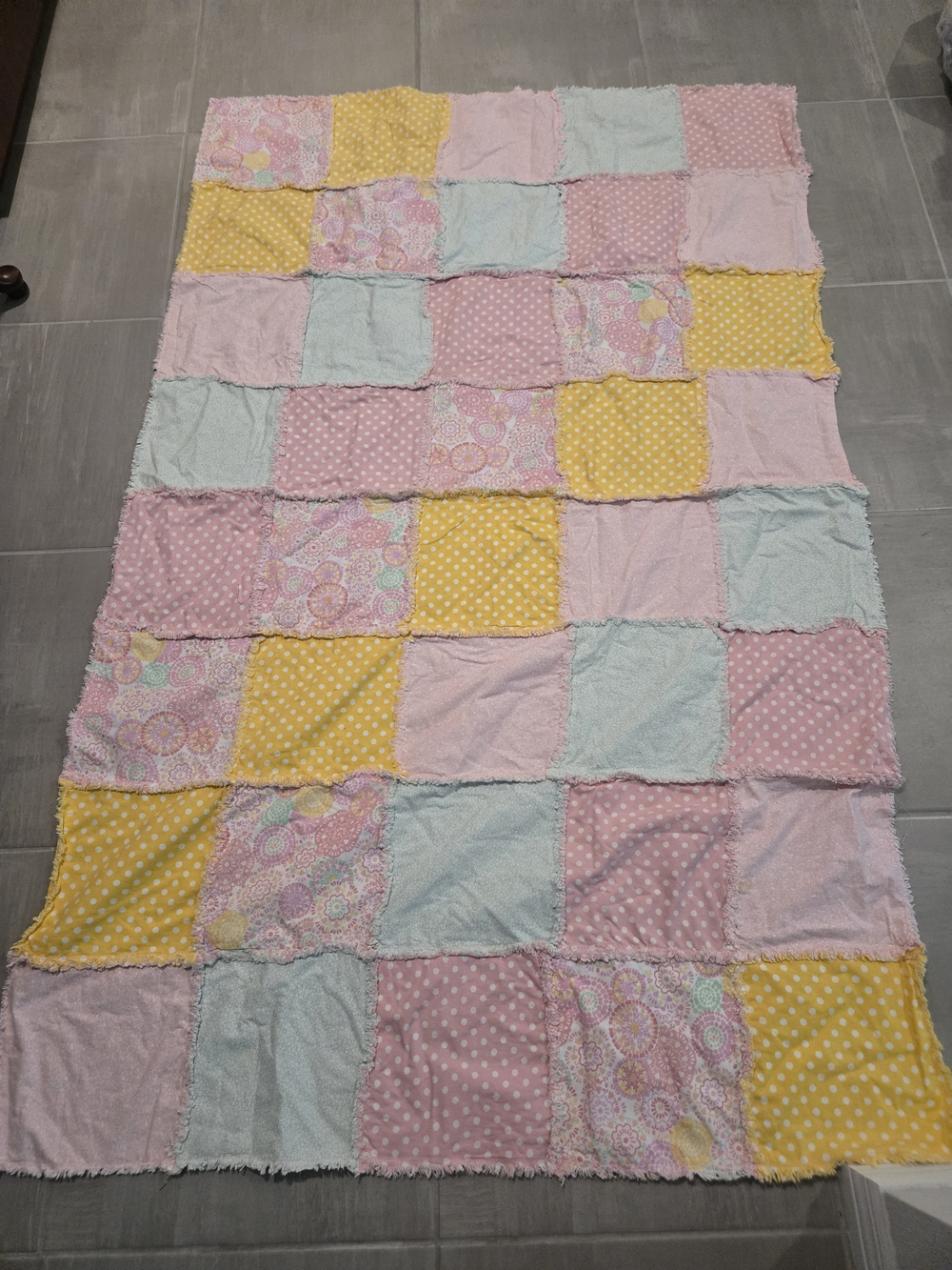 Pastel Patchwork Rag Quilt Throw - Pink, Yellow, Light Blue